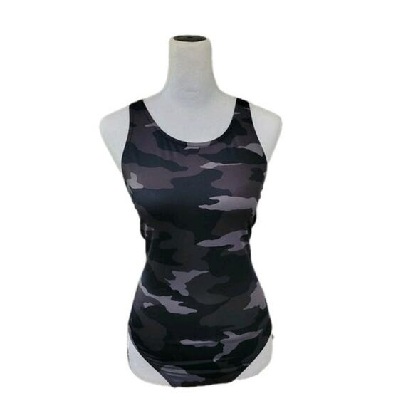 Athleta Freestyle Camo One Piece Bathing Swimsuit Womens Size 30 Black Grey Neon - Picture 1 of 14